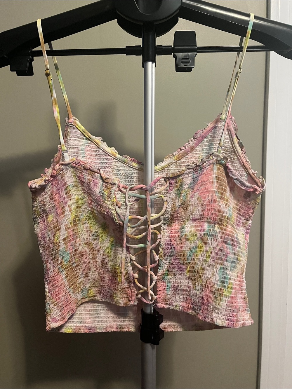 Astr Tie-Dye Smocked Crop Cami - Pink Multi - Size Medium - Picture 5 of 7